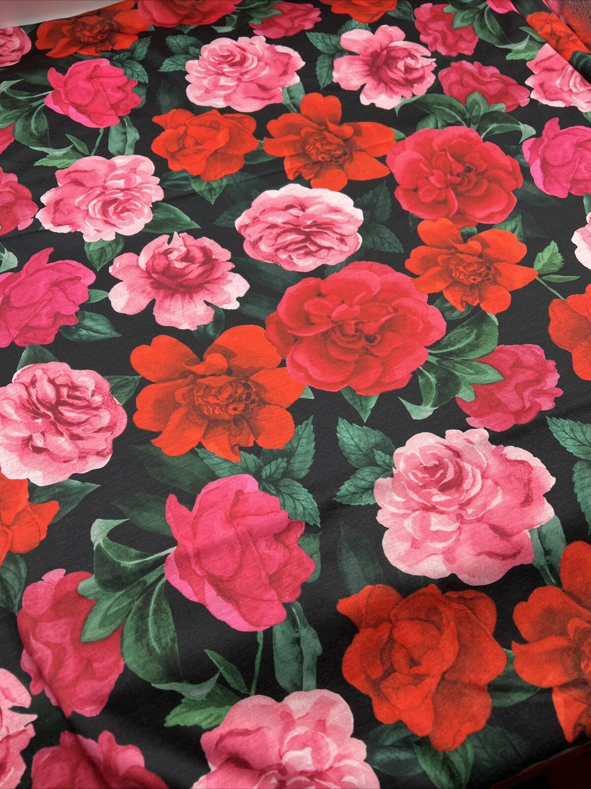 Red Pink Rose Floral Print Spun Poly Stretch Fabric