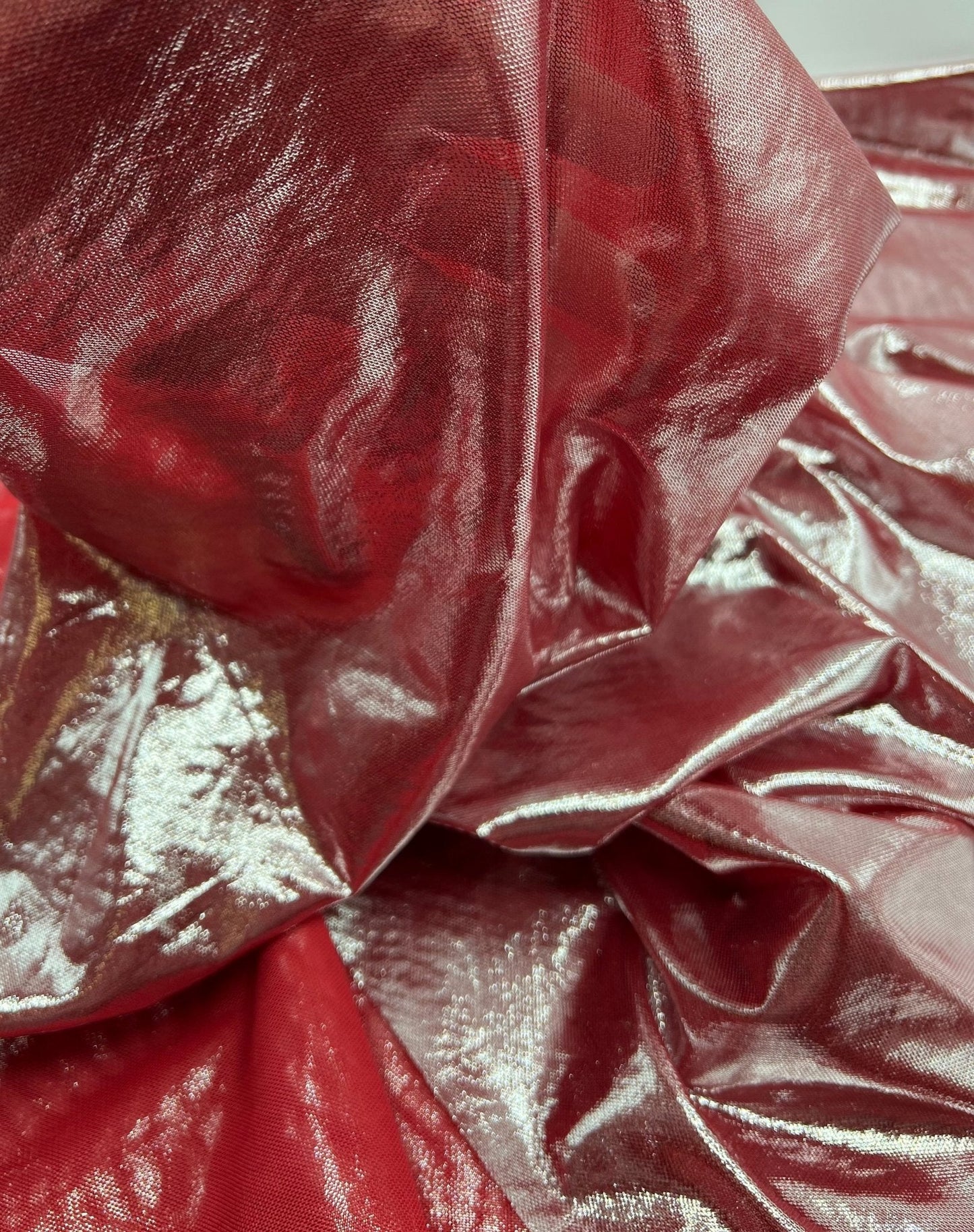 Red Silver Shiny Foil Mesh Fabric Stretch