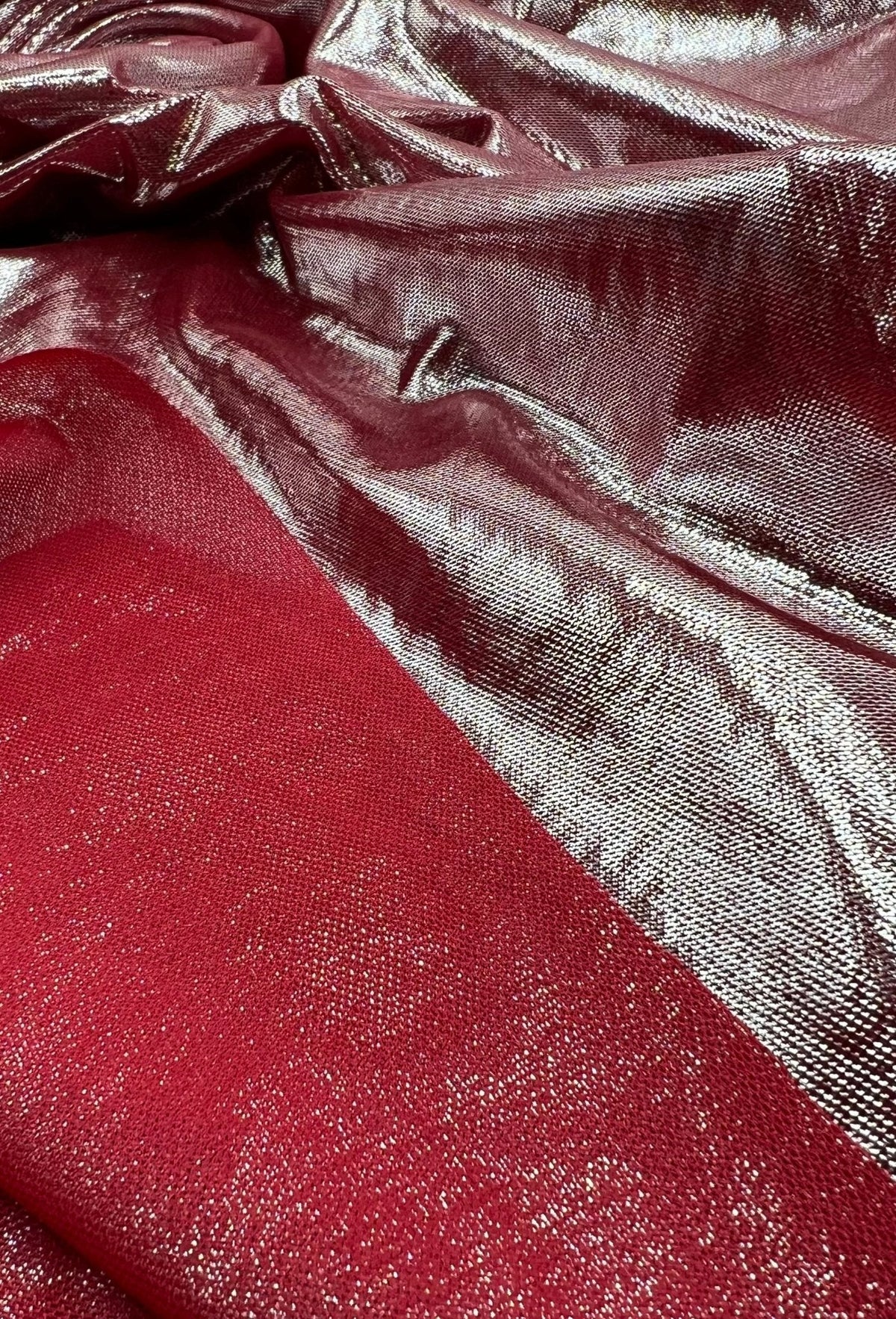 Red Silver Shiny Foil Mesh Fabric Stretch