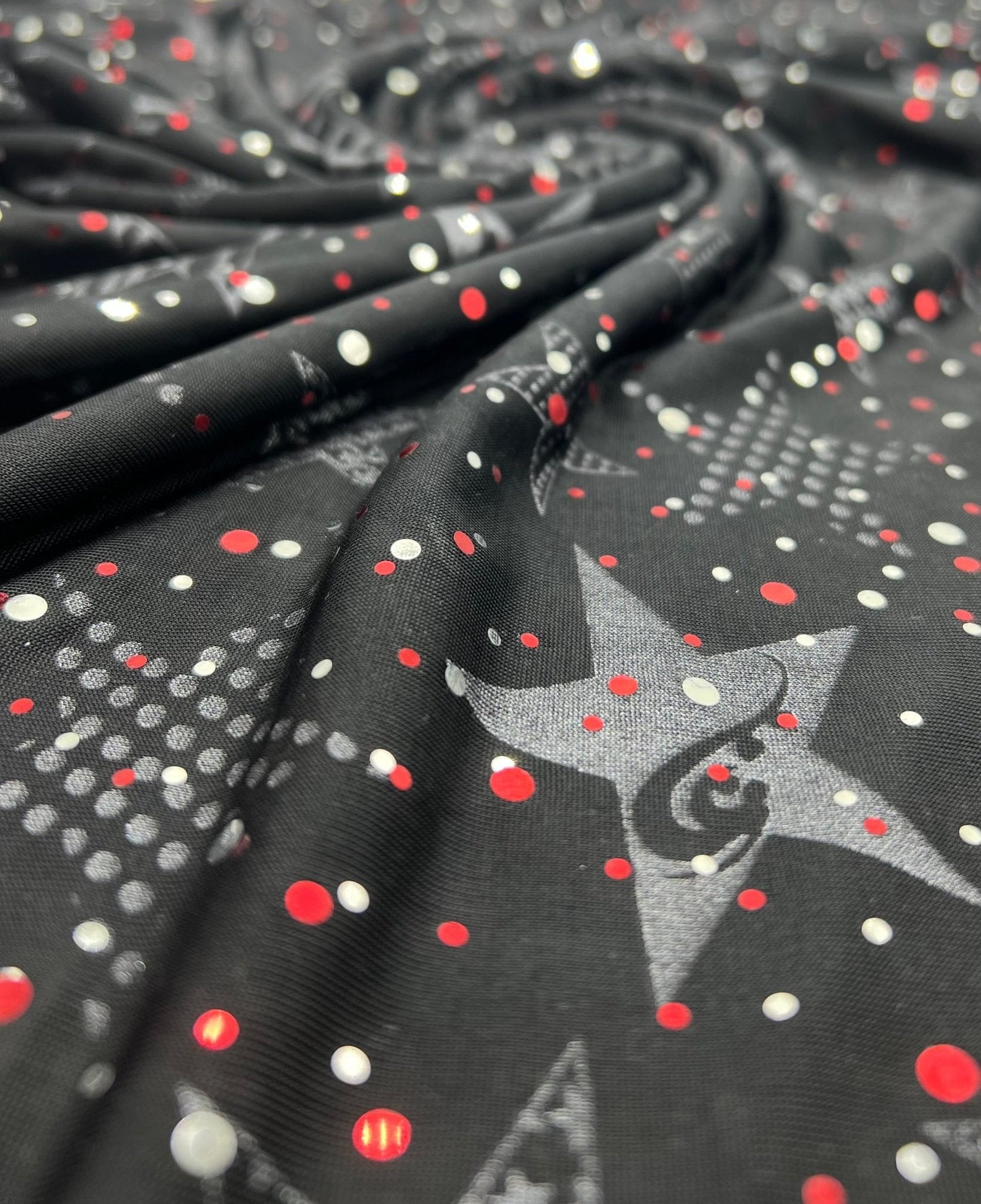 Red Silver Star Sequin Print Soft Touch 4 Way Stretch Fabric