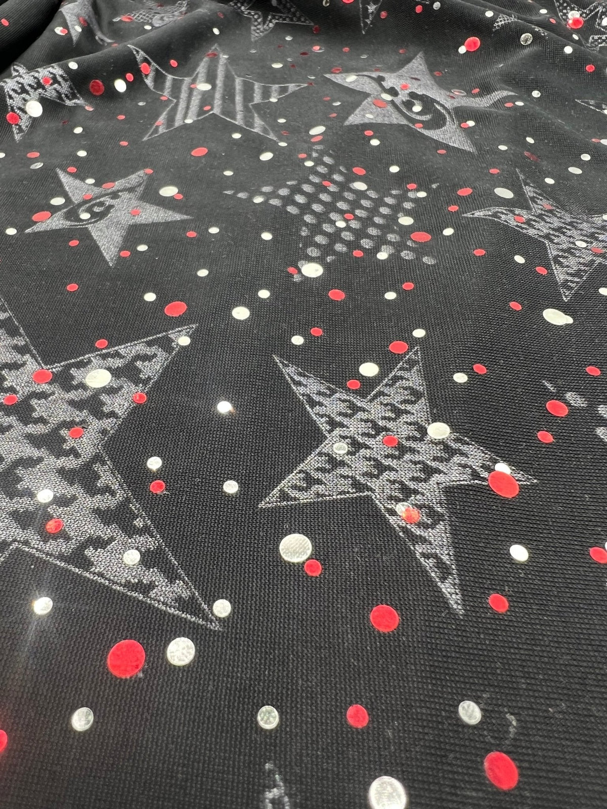 Red Silver Star Sequin Print Soft Touch 4 Way Stretch Fabric