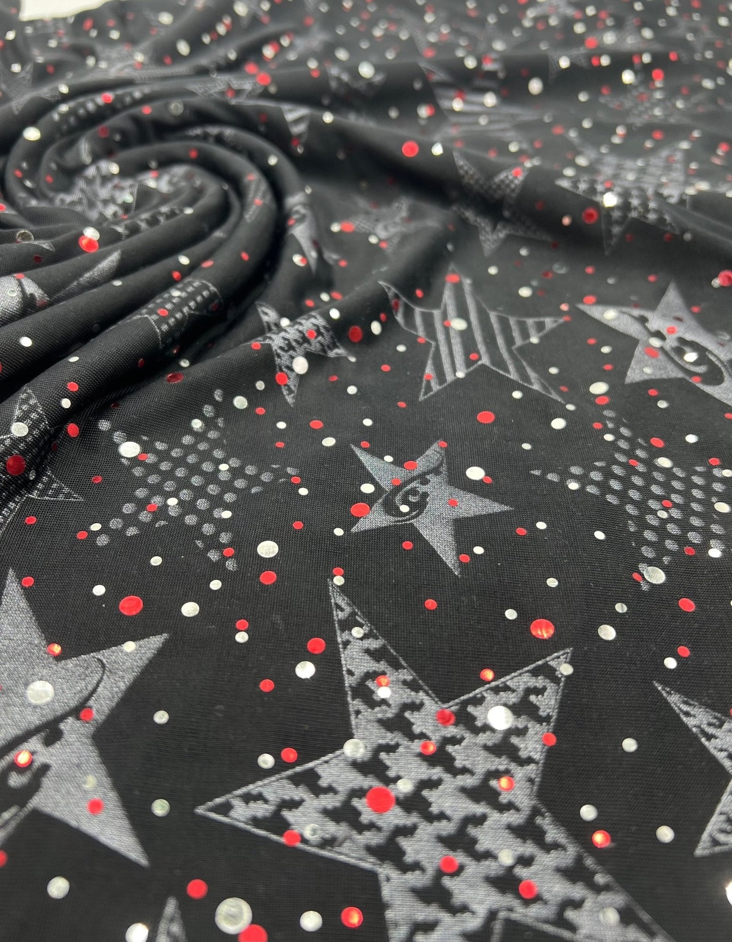 Red Silver Star Sequin Print Soft Touch 4 Way Stretch Fabric