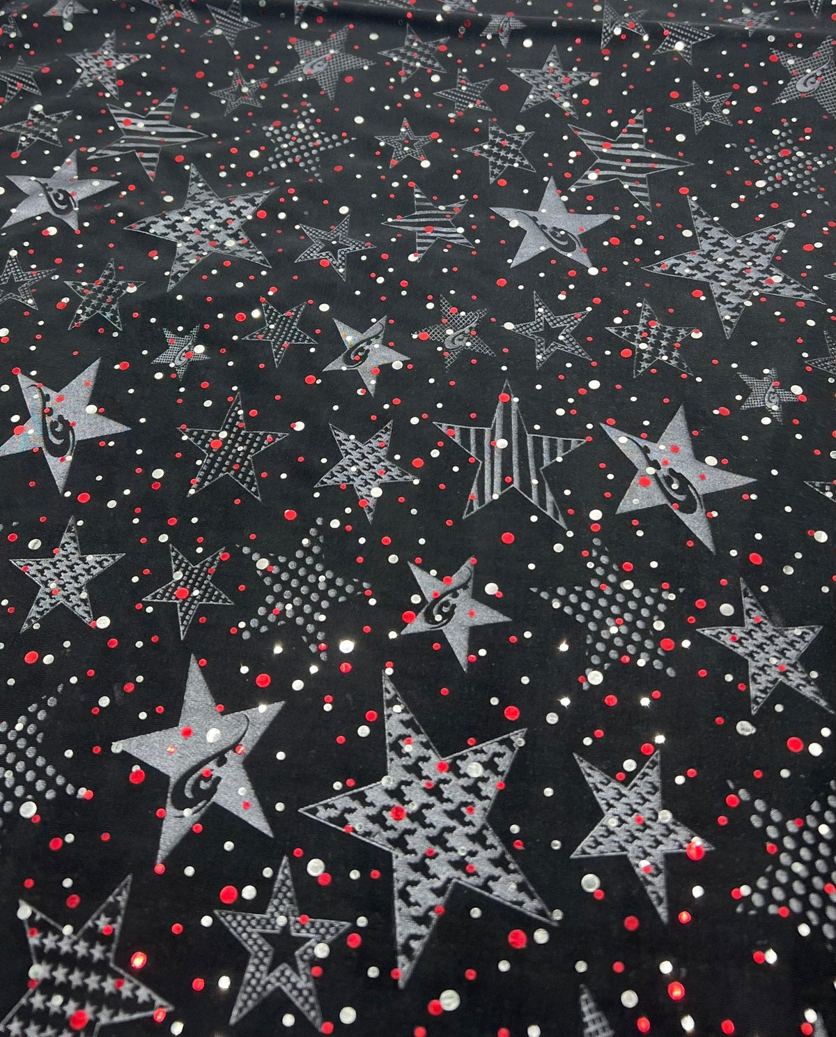 Red Silver Star Sequin Print Soft Touch 4 Way Stretch Fabric