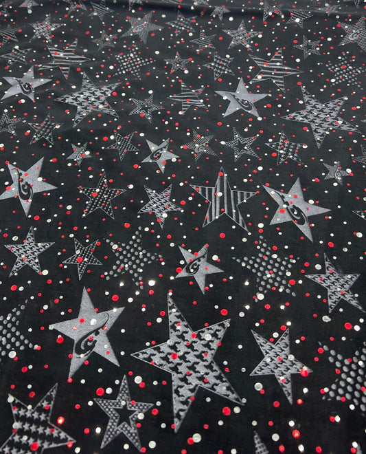 Red Silver Star Sequin Print Soft Touch 4 Way Stretch Fabric
