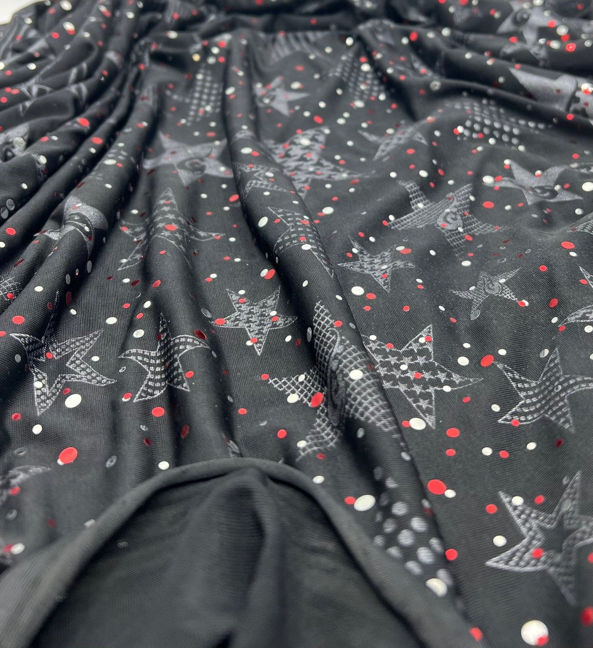 Red Silver Star Sequin Print Soft Touch 4 Way Stretch Fabric