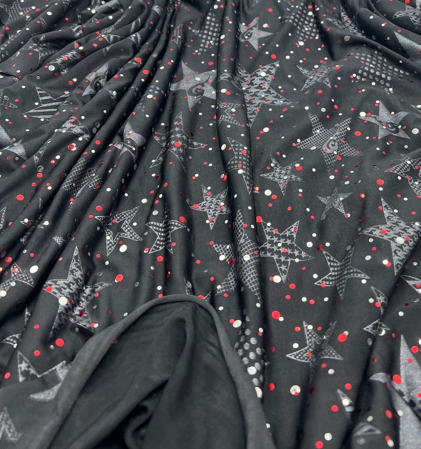 Red Silver Star Sequin Print Soft Touch 4 Way Stretch Fabric