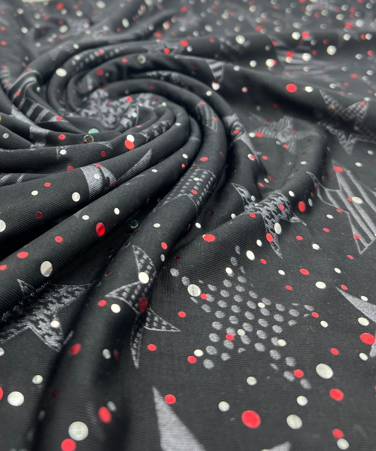 Red Silver Star Sequin Print Soft Touch 4 Way Stretch Fabric