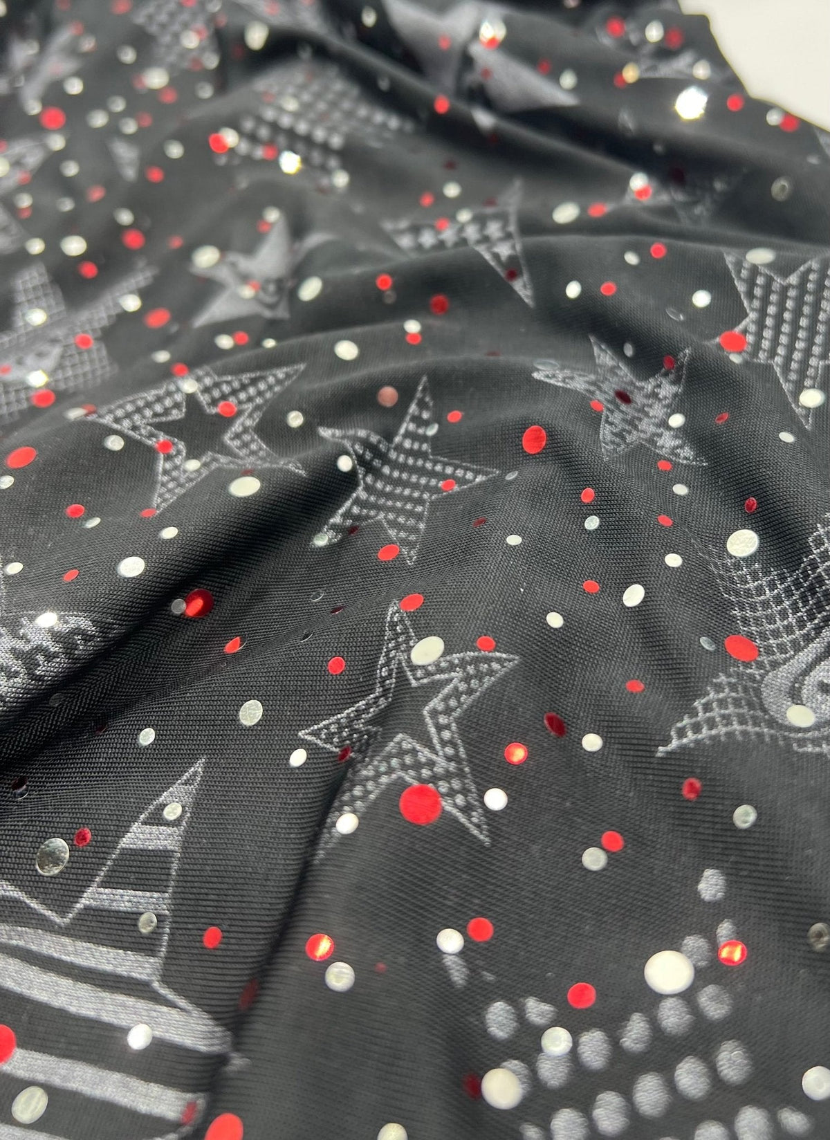 Red Silver Star Sequin Print Soft Touch 4 Way Stretch Fabric