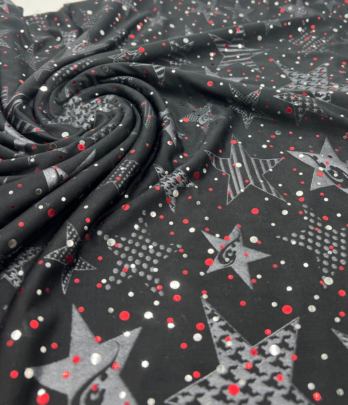 Red Silver Star Sequin Print Soft Touch 4 Way Stretch Fabric