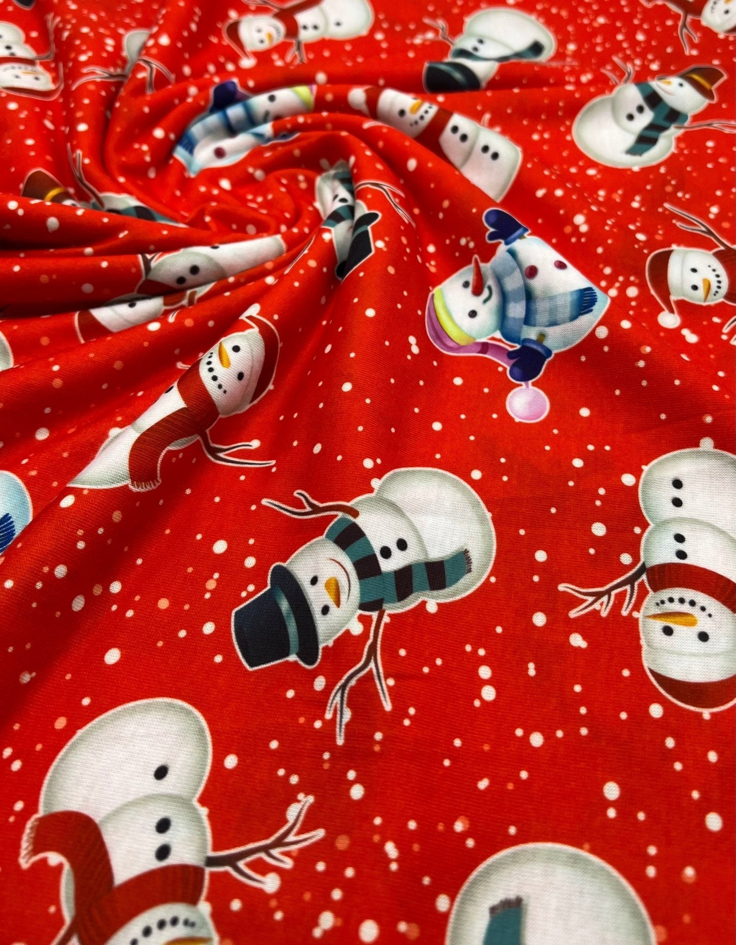 Red Snow Snowman Print Soft Spun Poly Stretch Fabric