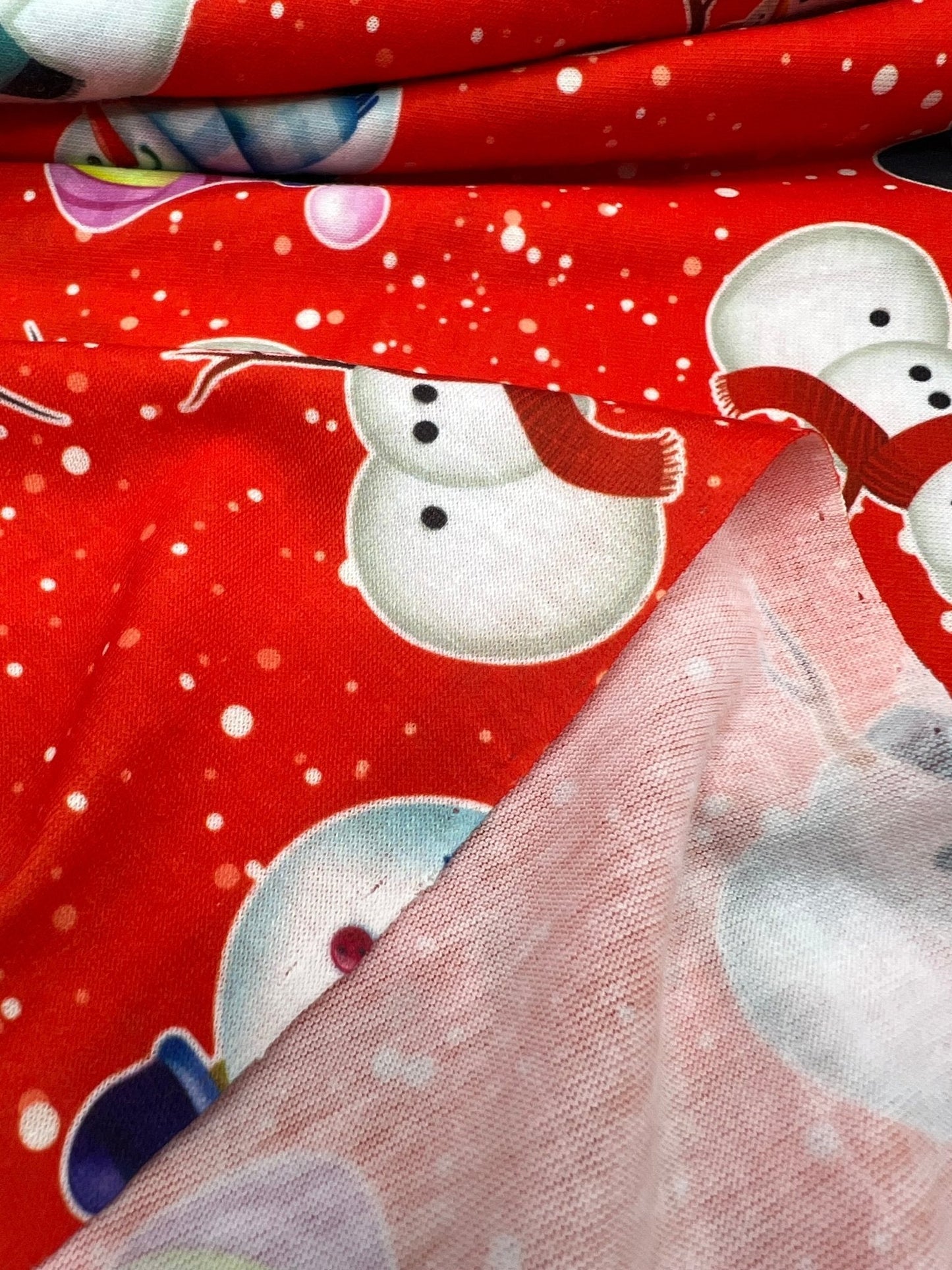 Red Snow Snowman Print Soft Spun Poly Stretch Fabric