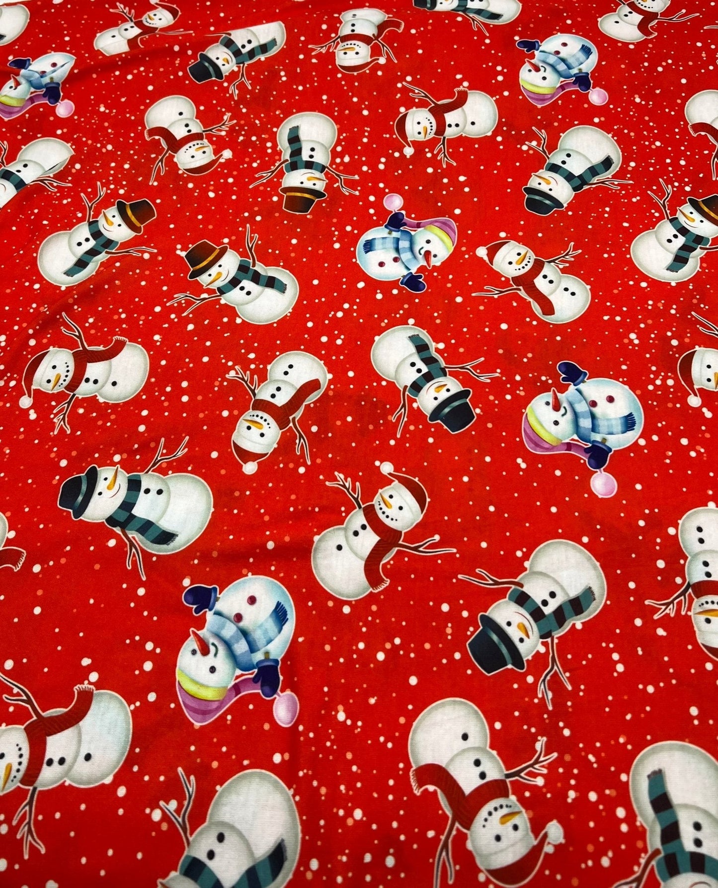 Red Snow Snowman Print Soft Spun Poly Stretch Fabric