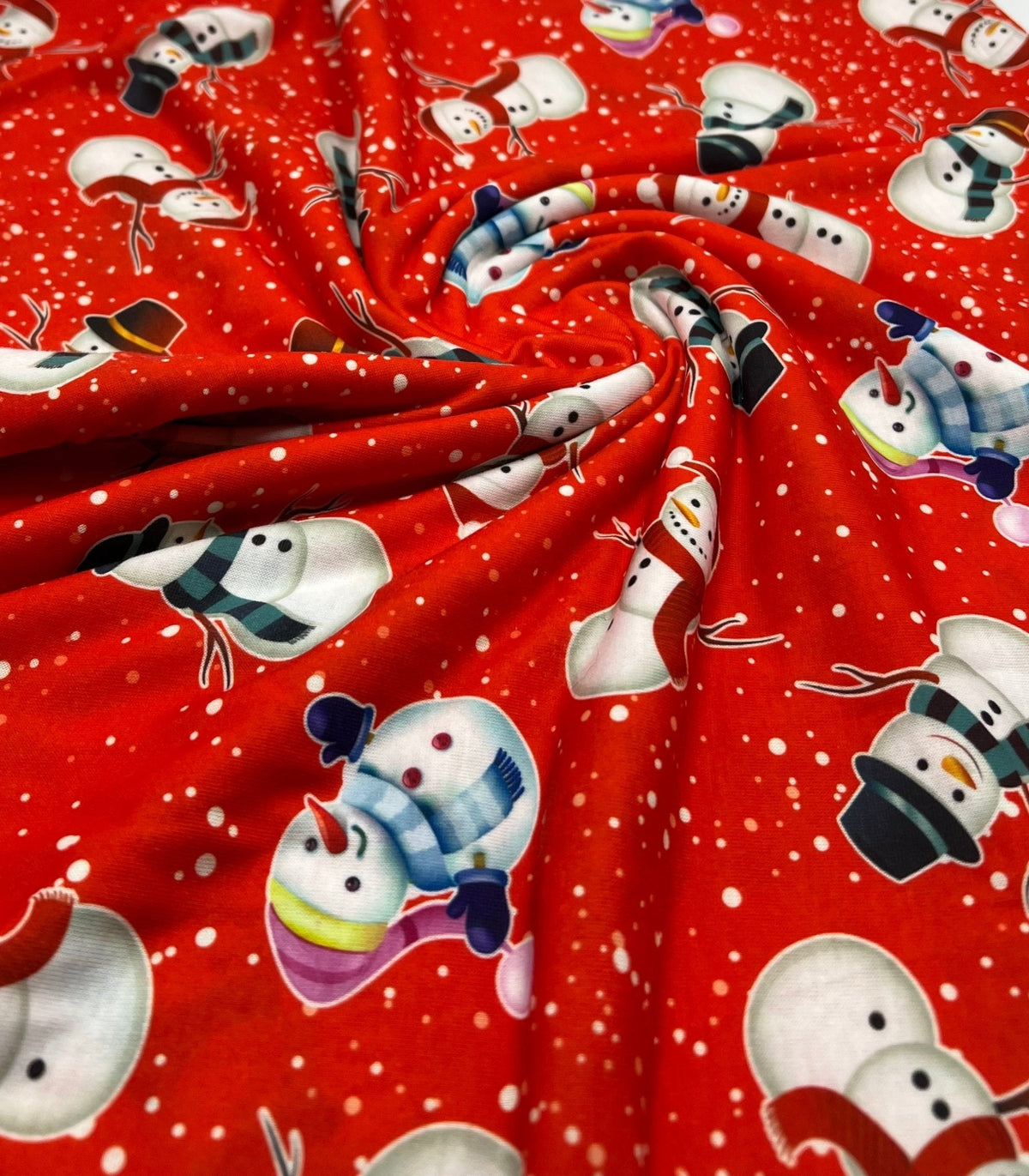 Red Snow Snowman Print Soft Spun Poly Stretch Fabric