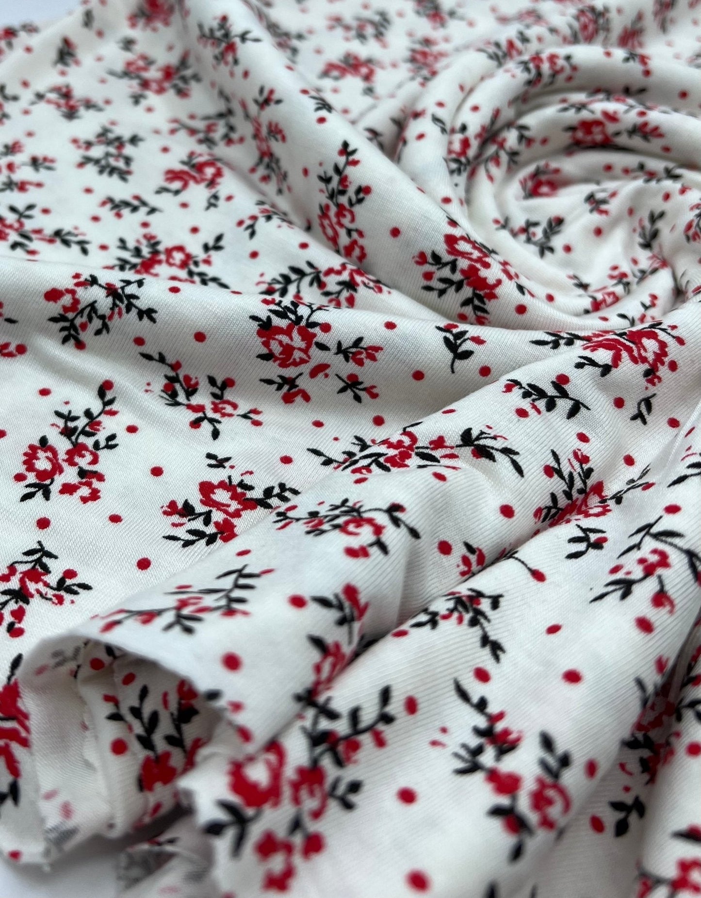 Red Spot Floral Print Viscose Elastane Fabric