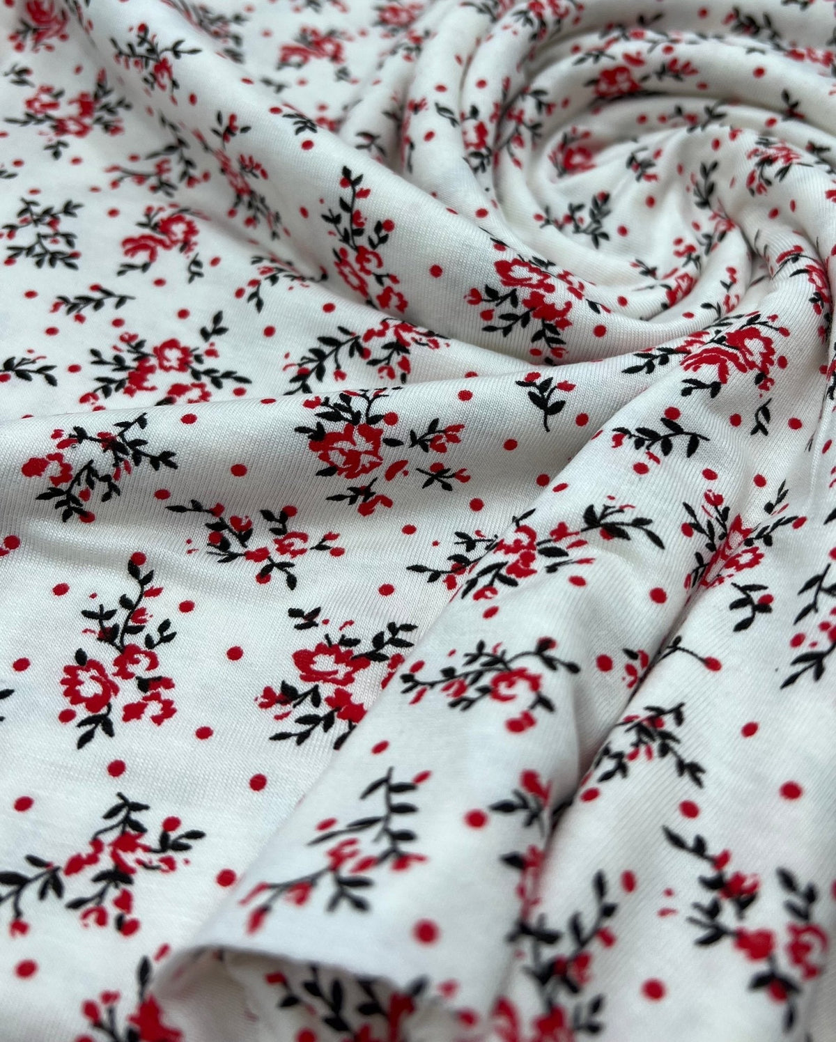 Red Spot Floral Print Viscose Elastane Fabric