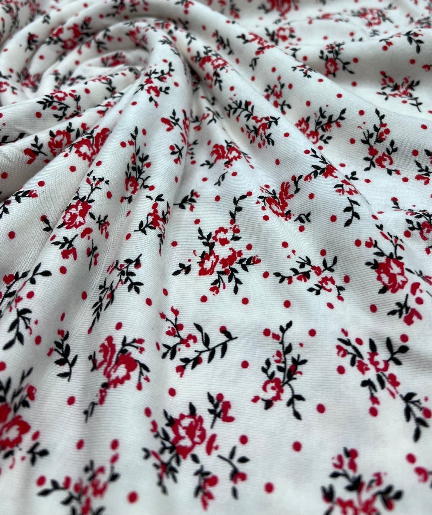 Red Spot Floral Print Viscose Elastane Fabric
