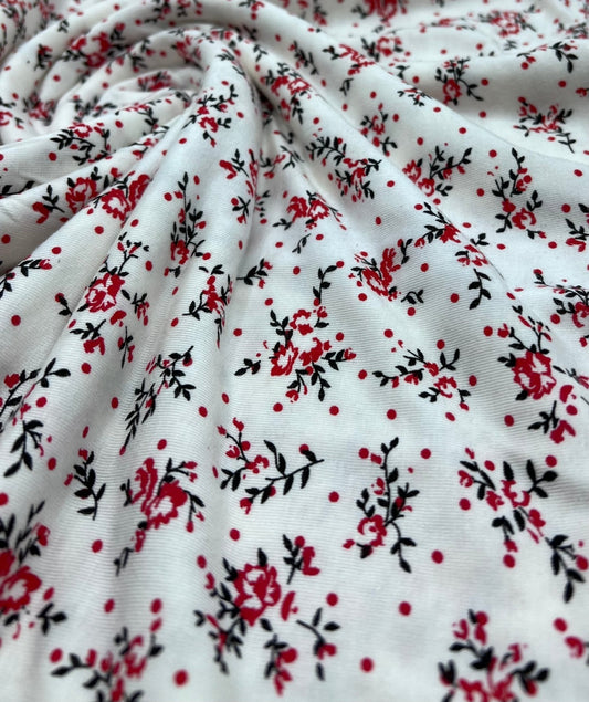 Red Spot Floral Print Viscose Elastane Fabric