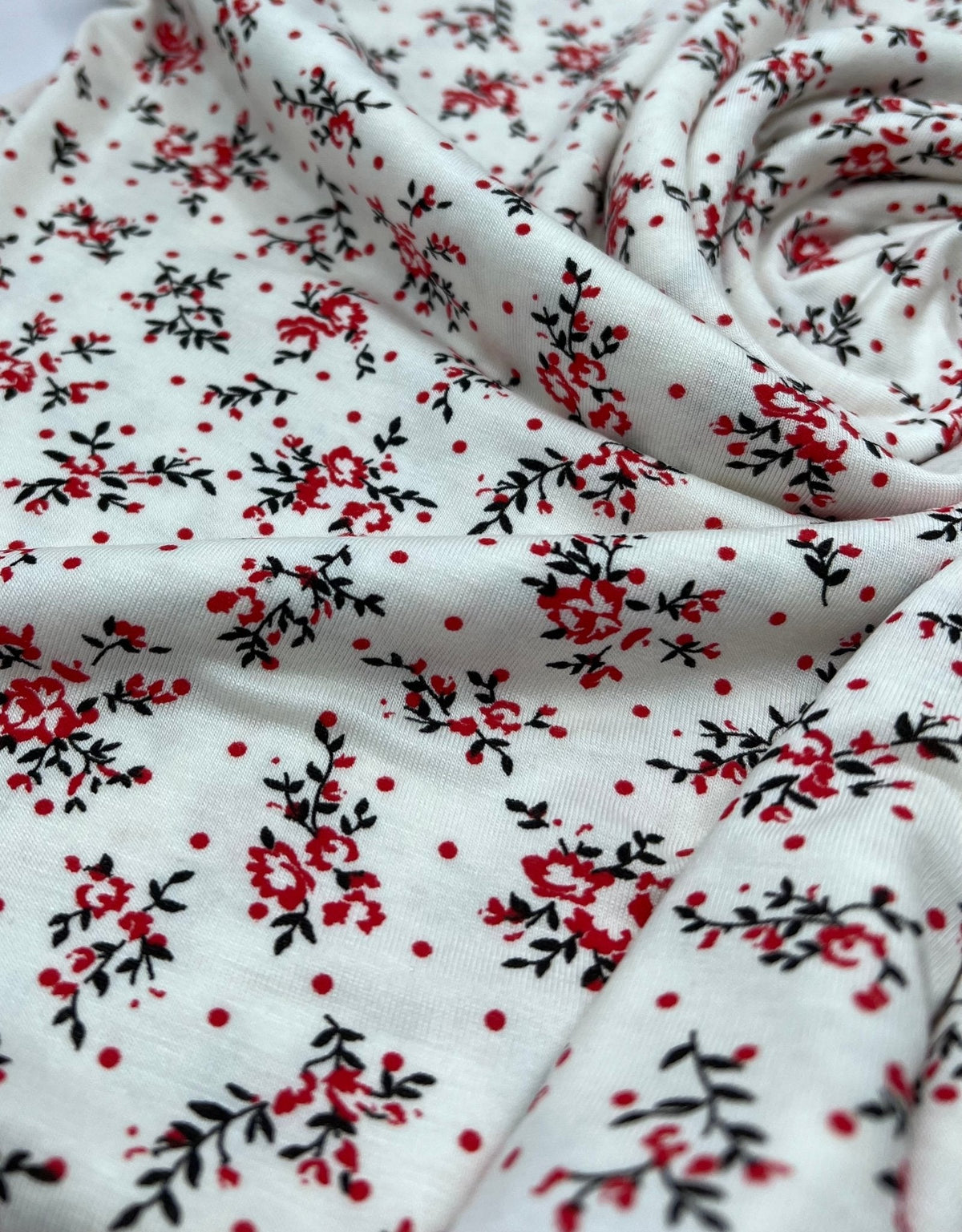 Red Spot Floral Print Viscose Elastane Fabric