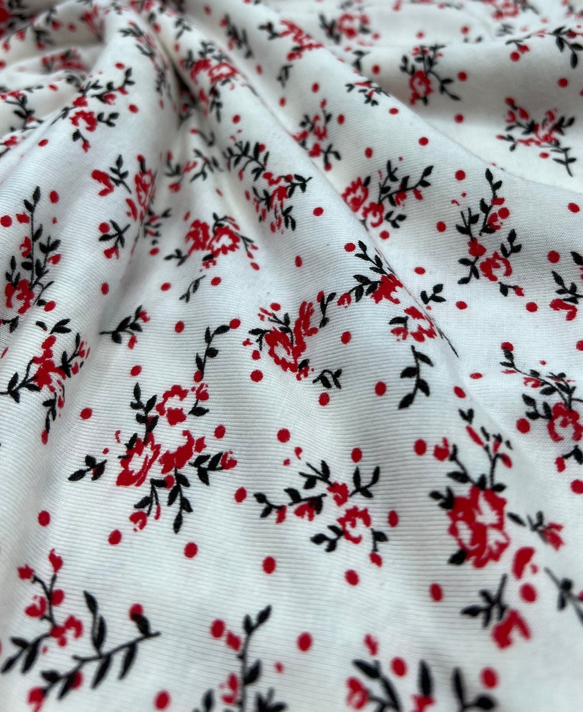 Red Spot Floral Print Viscose Elastane Fabric