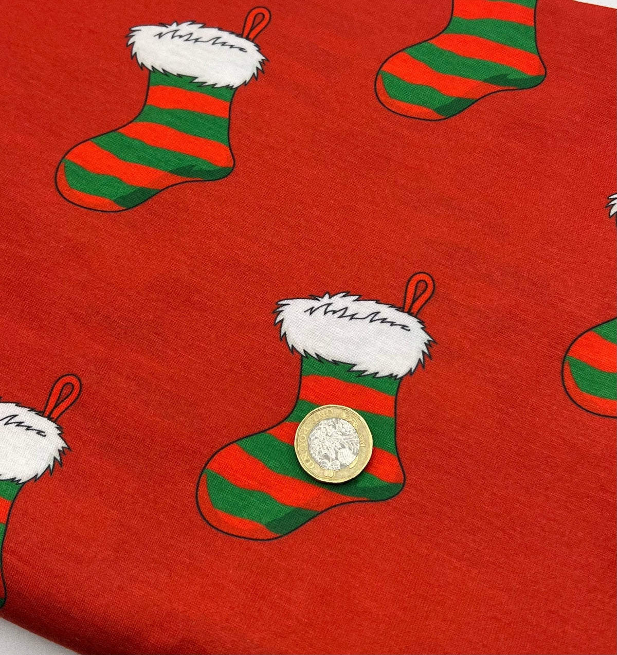 Red Stocking Print Soft Spun Poly Stretch Fabric