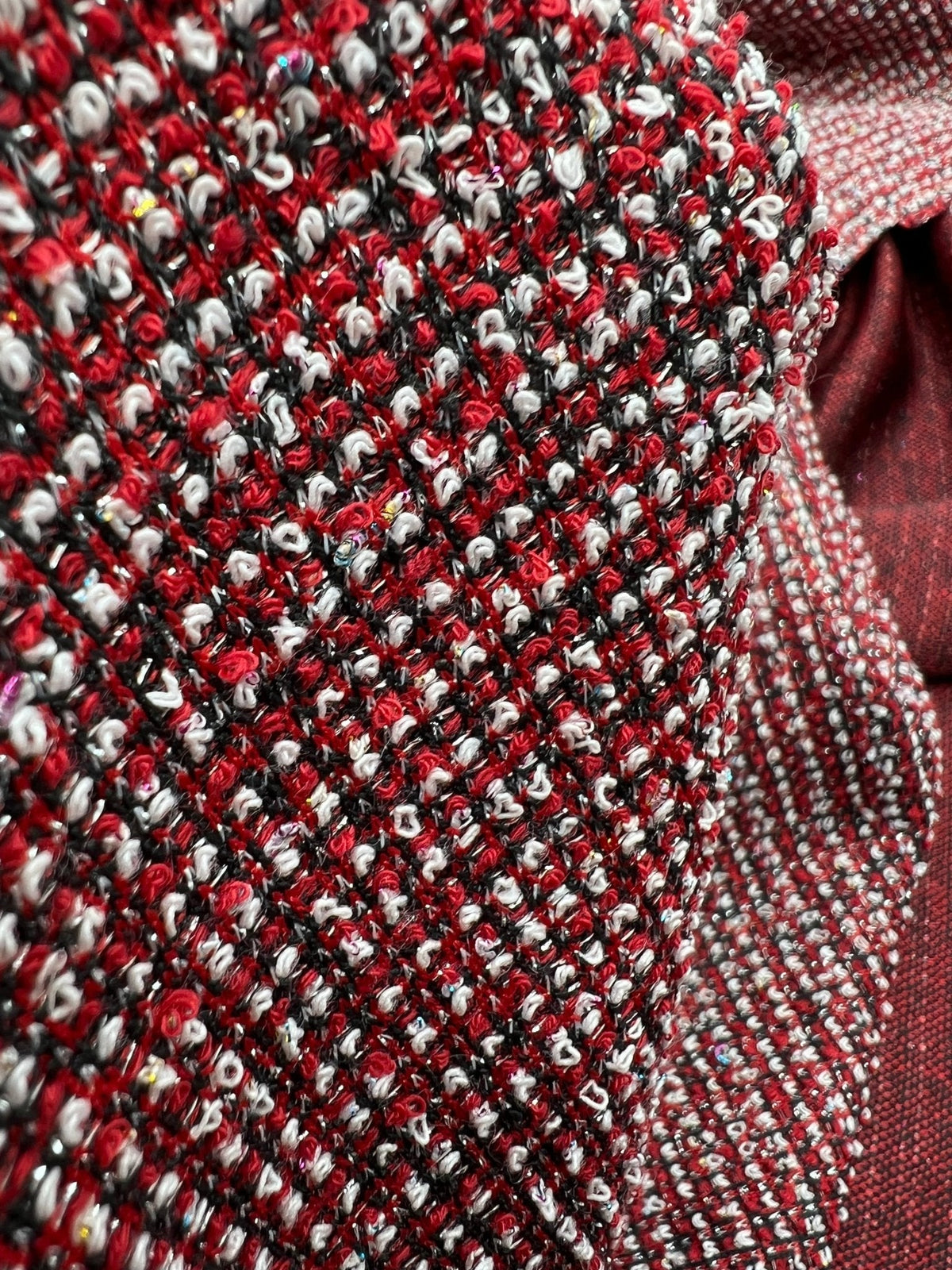 Red White Black Silver Thread Boucle 2 Way Stretch Fabric