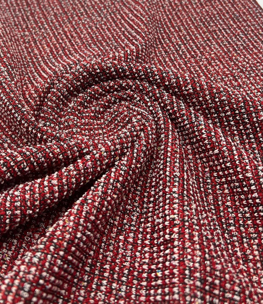 Red White Black Silver Thread Boucle 2 Way Stretch Fabric