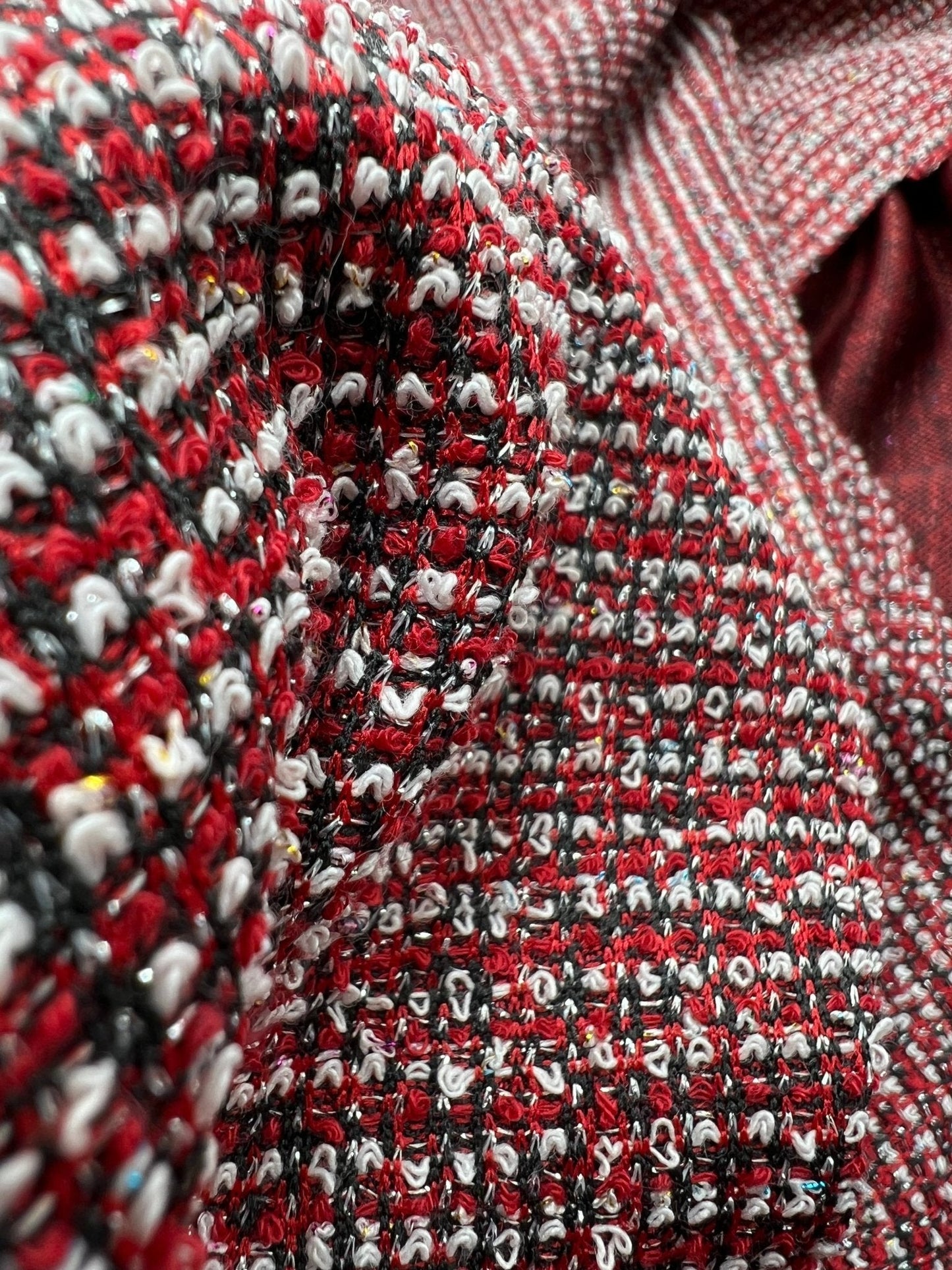 Red White Black Silver Thread Boucle 2 Way Stretch Fabric