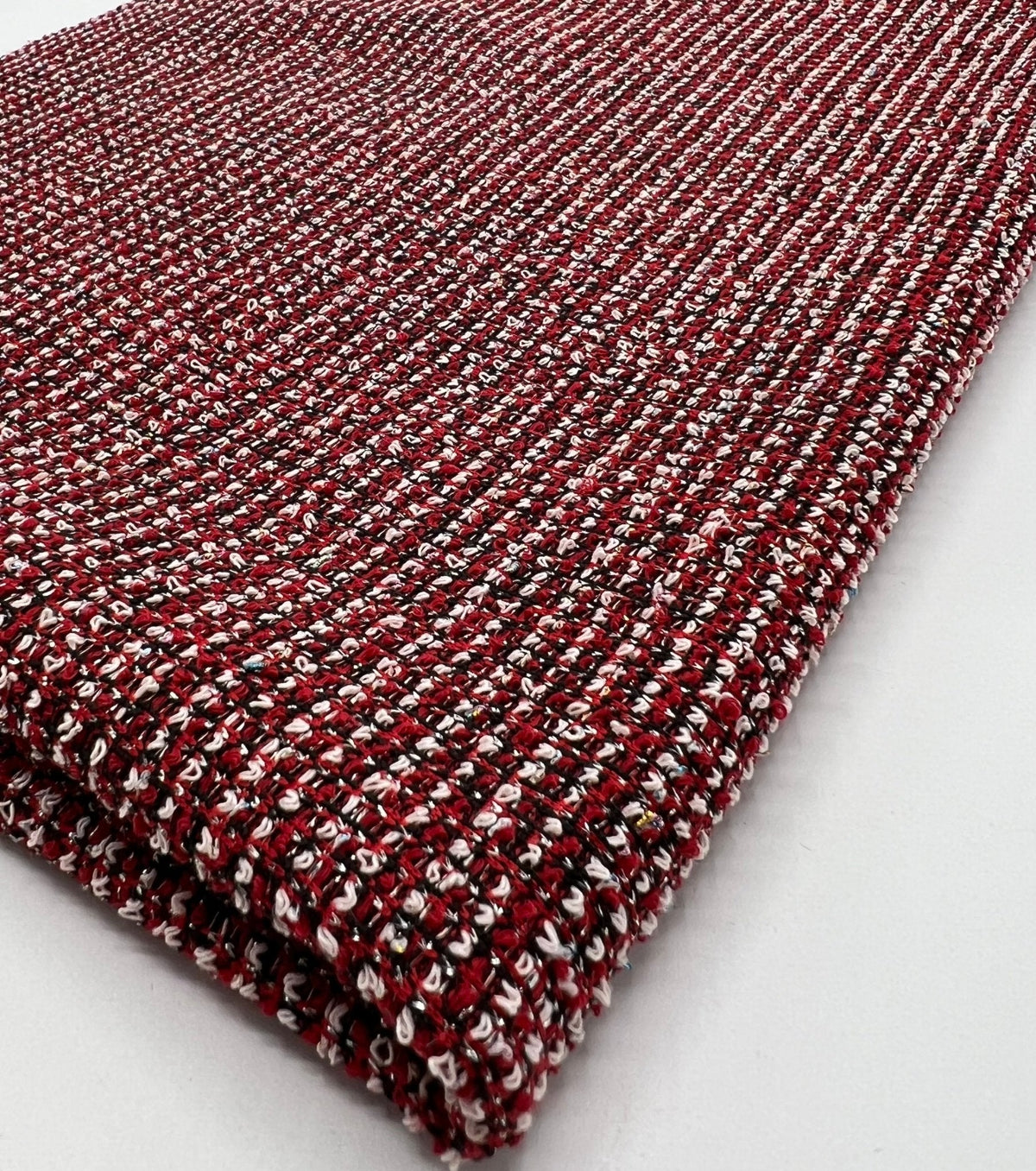 Red White Black Silver Thread Boucle 2 Way Stretch Fabric