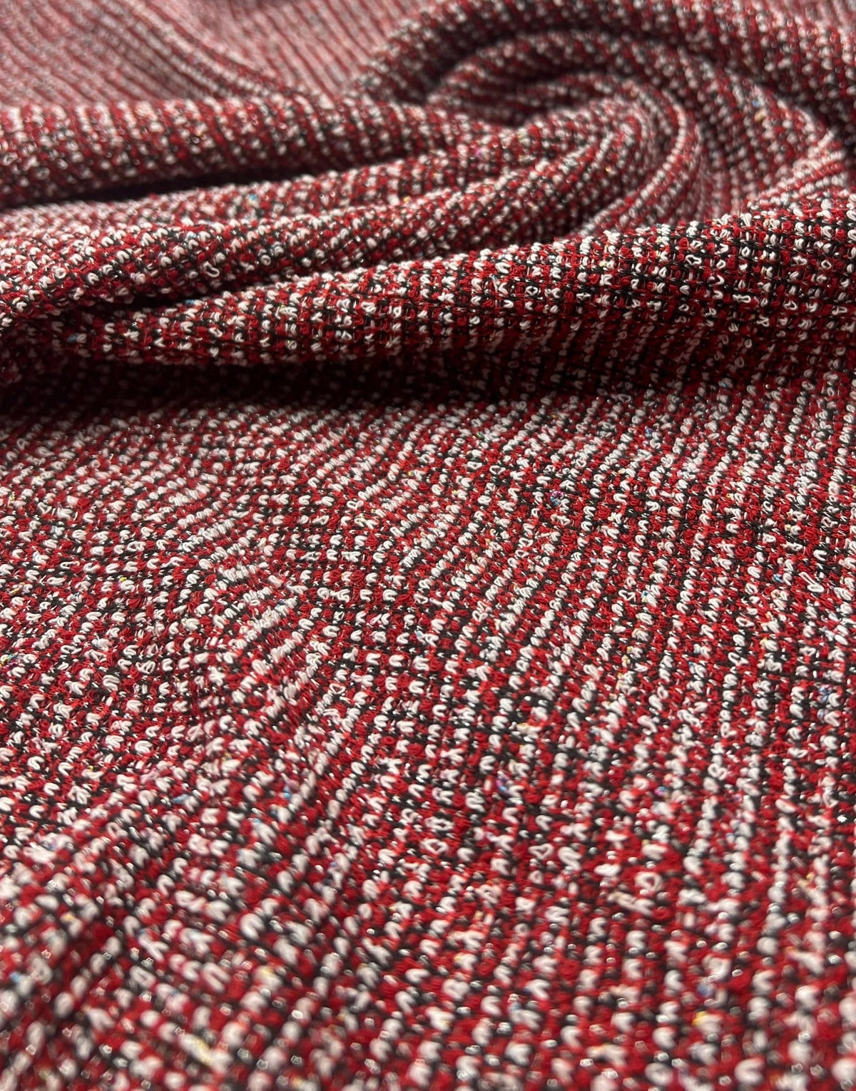 Red White Black Silver Thread Boucle 2 Way Stretch Fabric