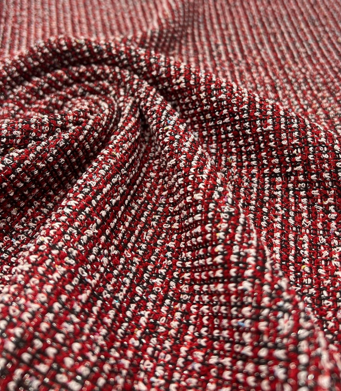 Red White Black Silver Thread Boucle 2 Way Stretch Fabric