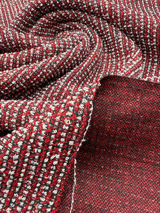 Red White Black Silver Thread Boucle 2 Way Stretch Fabric