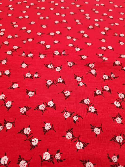 Red White Ditsy Floral Print Viscose Elastane Fabric