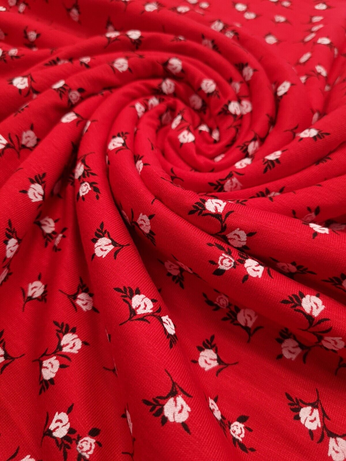 Red White Ditsy Floral Print Viscose Elastane Fabric