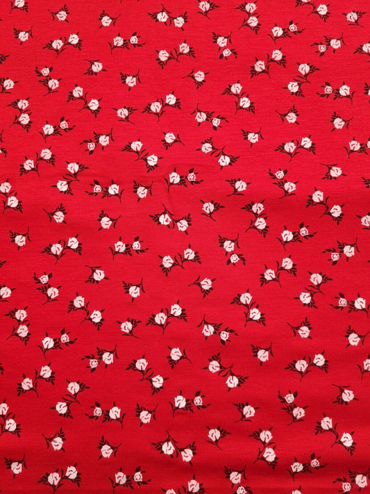Red White Ditsy Floral Print Viscose Elastane Fabric