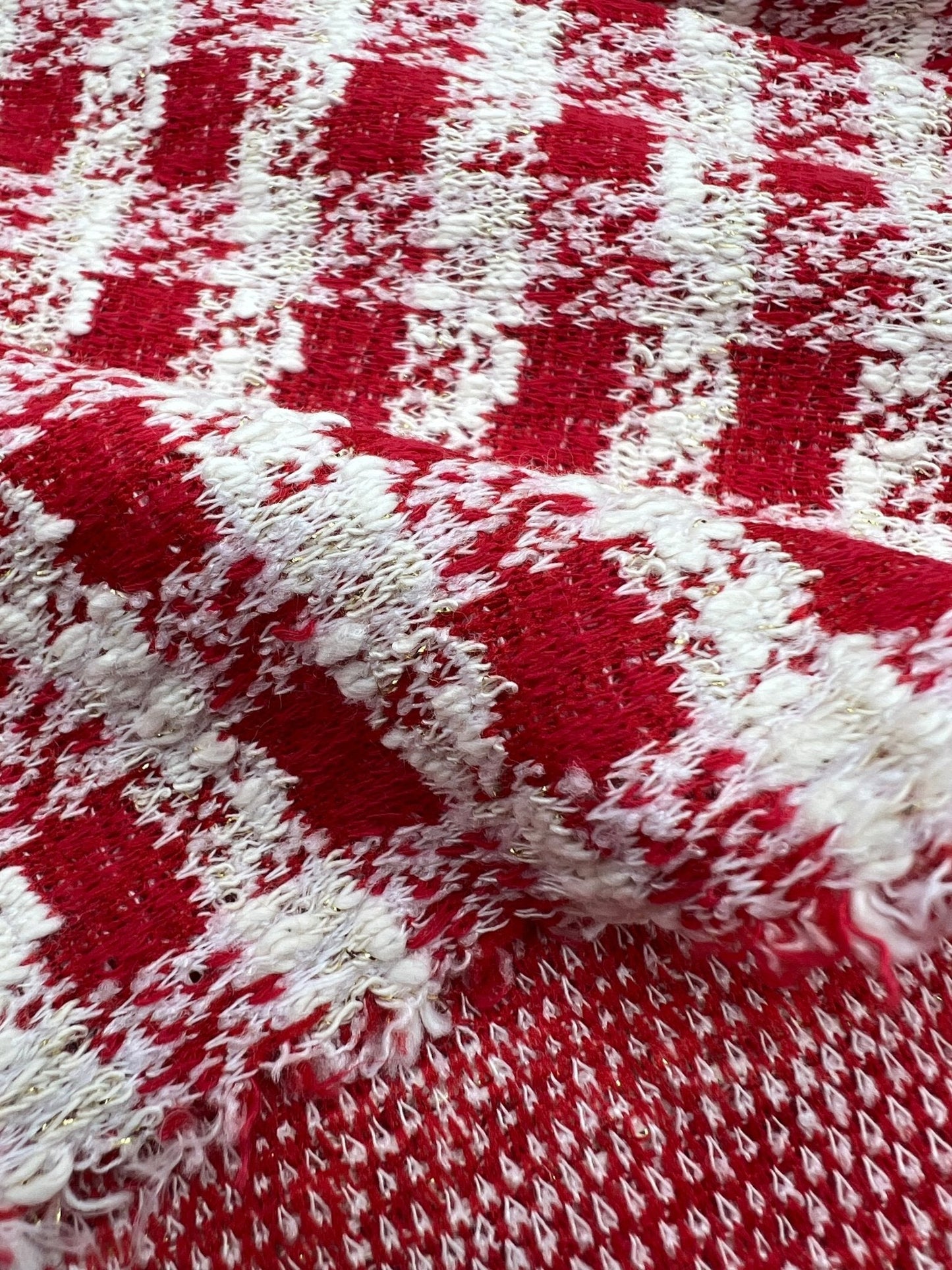 Red White Gingham Gold Speckle Jacquard Stretch Fabric