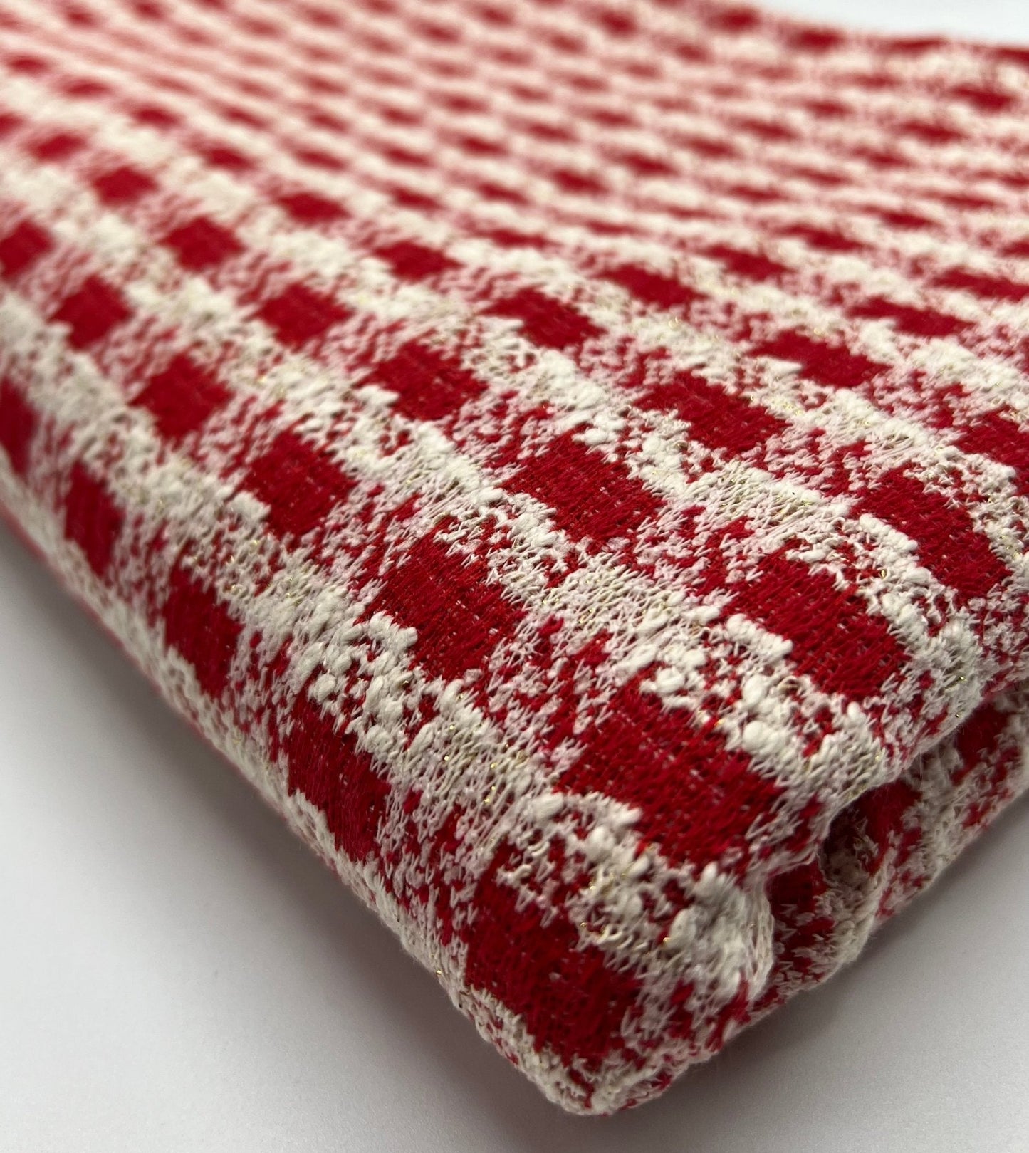 Red White Gingham Gold Speckle Jacquard Stretch Fabric