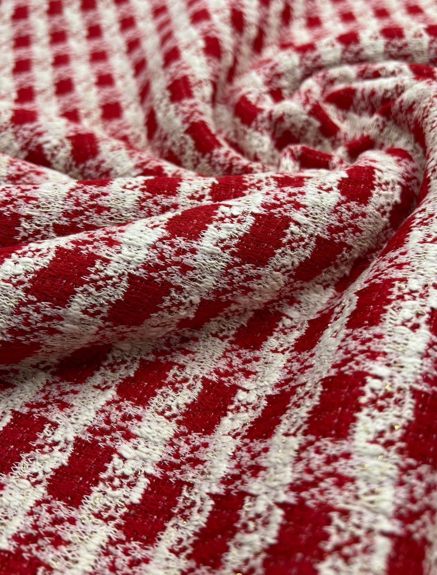 Red White Gingham Gold Speckle Jacquard Stretch Fabric
