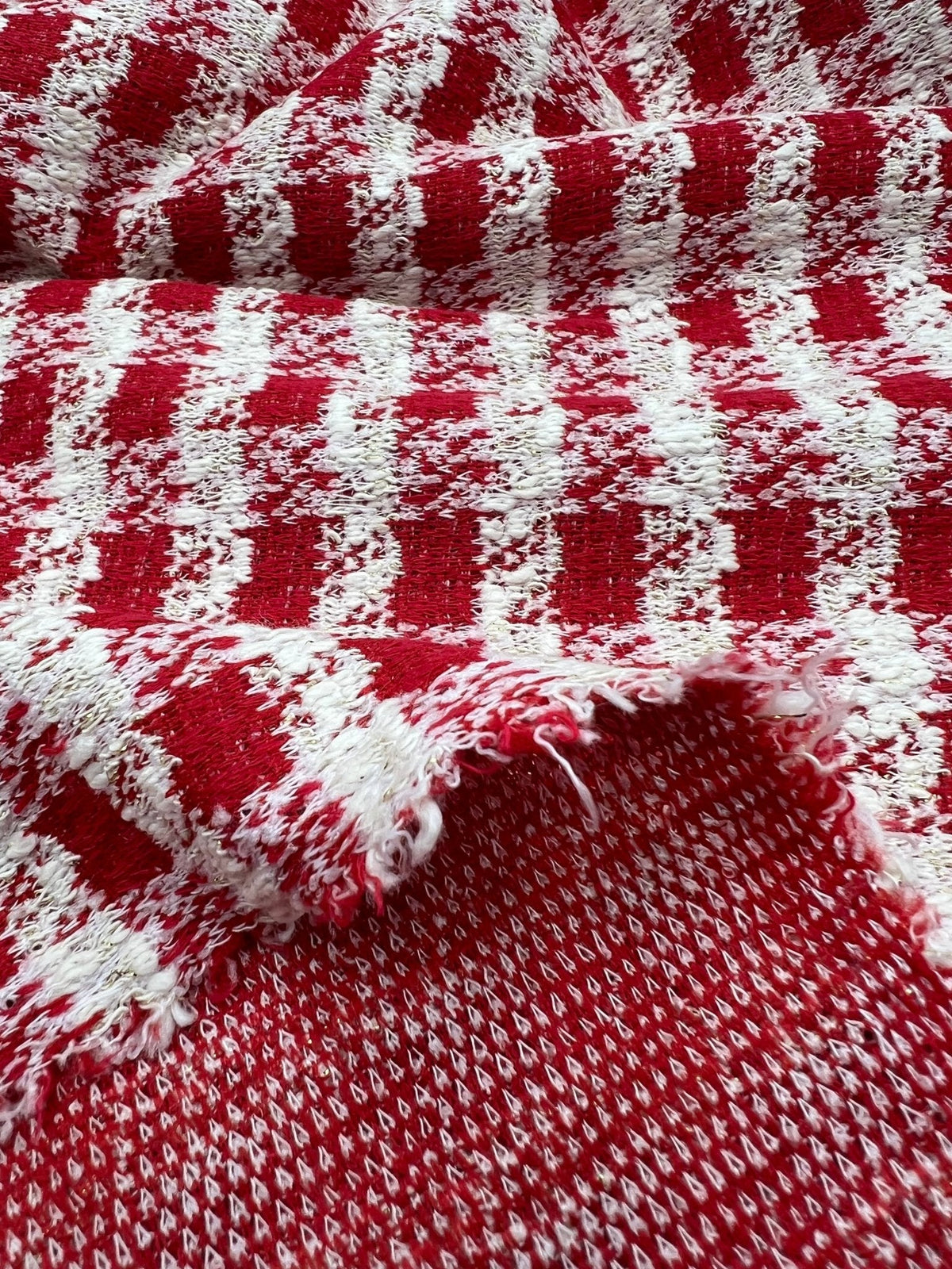 Red White Gingham Gold Speckle Jacquard Stretch Fabric