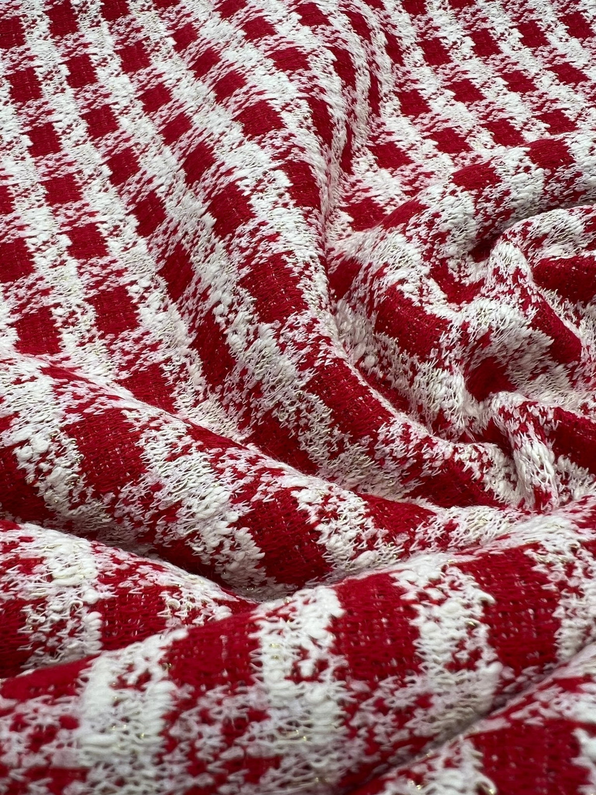 Red White Gingham Gold Speckle Jacquard Stretch Fabric