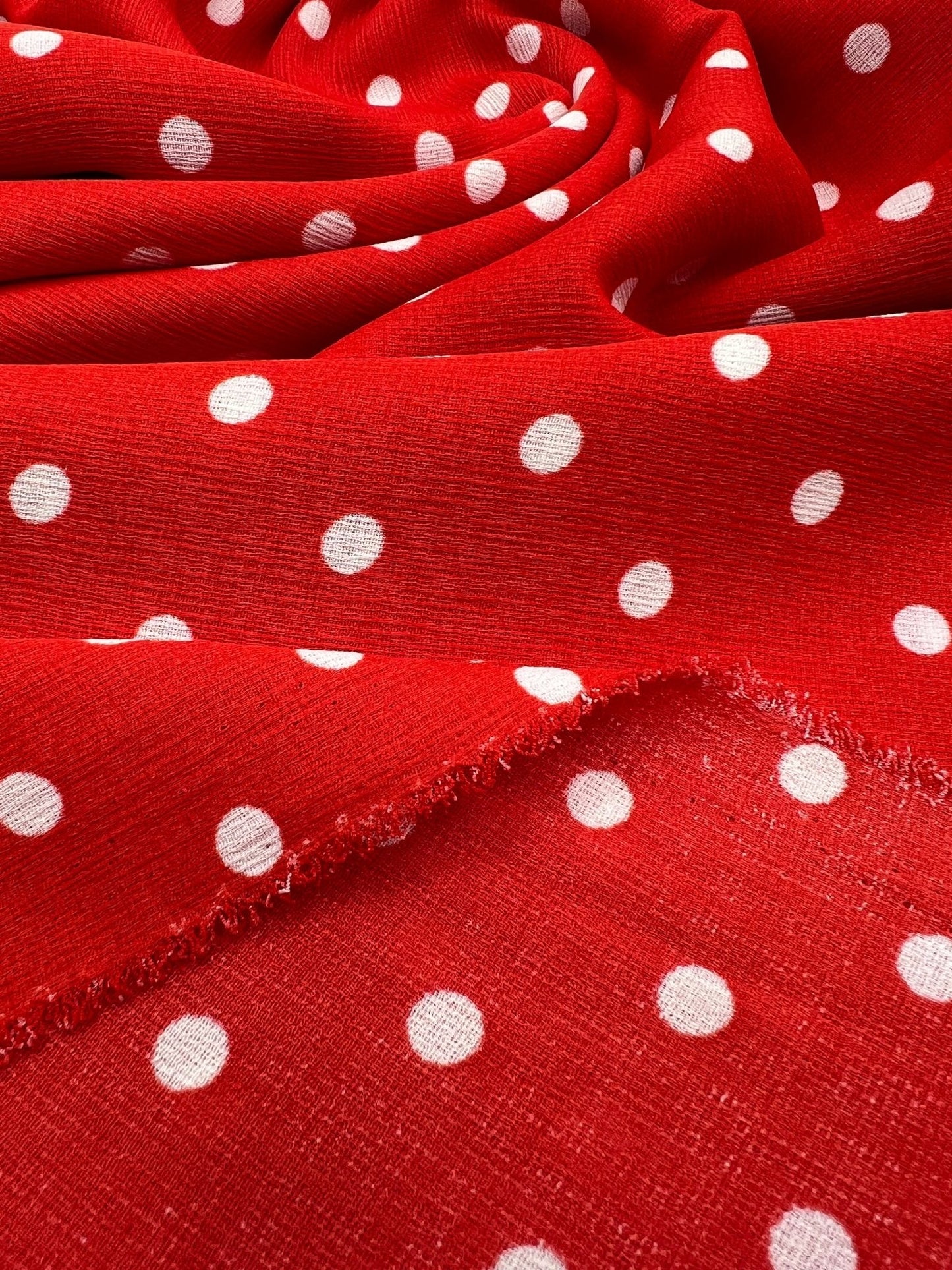 Red White Polka Spot Lightweight Crepe Non Stretch Fabric