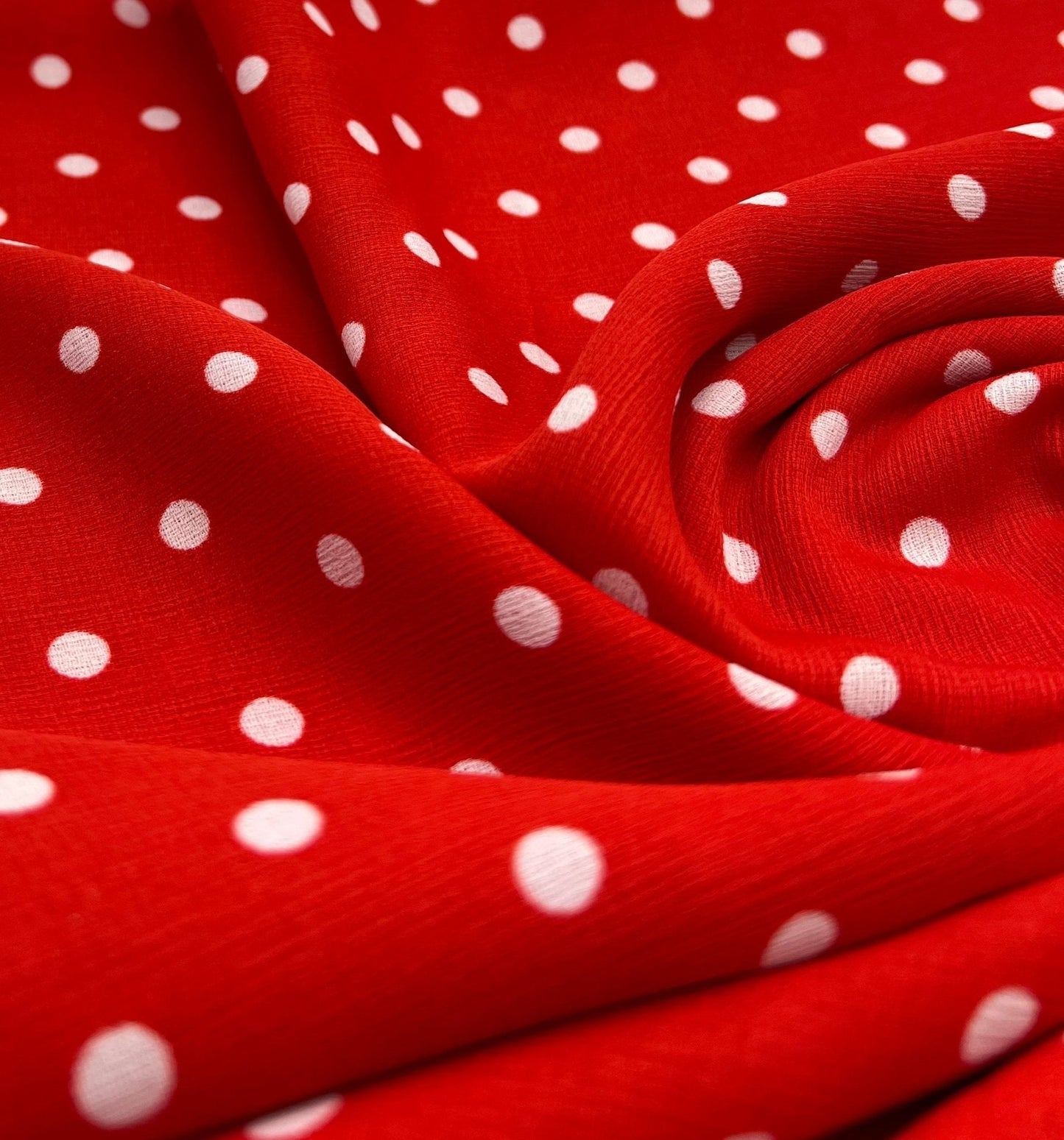 Red White Polka Spot Lightweight Crepe Non Stretch Fabric