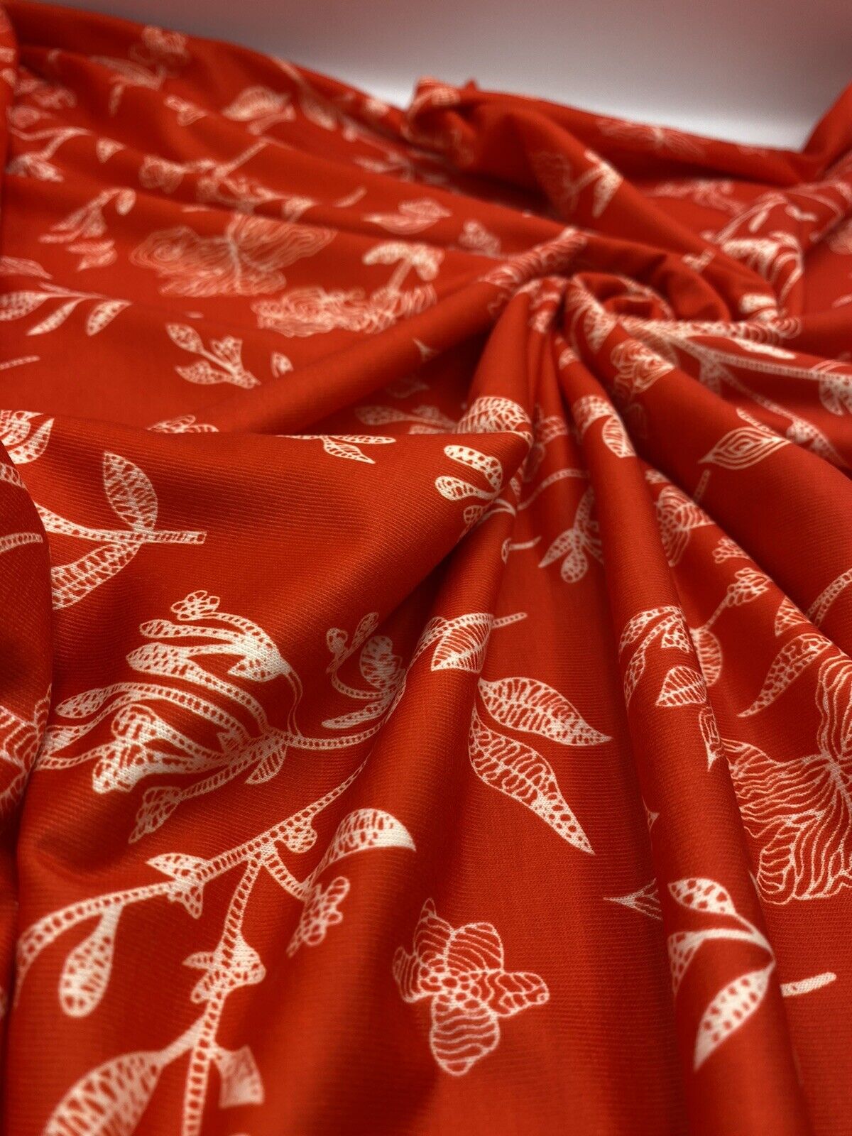 Red & White Sketch Floral Print Spun Poly Stretch Fabric