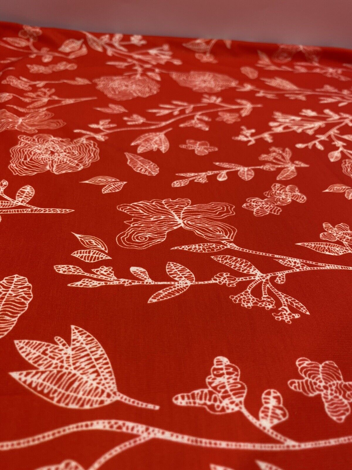 Red & White Sketch Floral Print Spun Poly Stretch Fabric