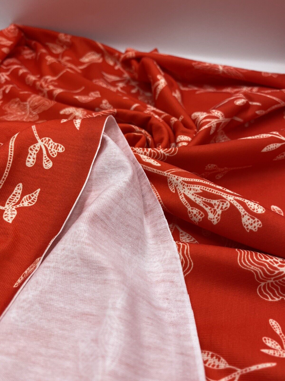 Red & White Sketch Floral Print Spun Poly Stretch Fabric