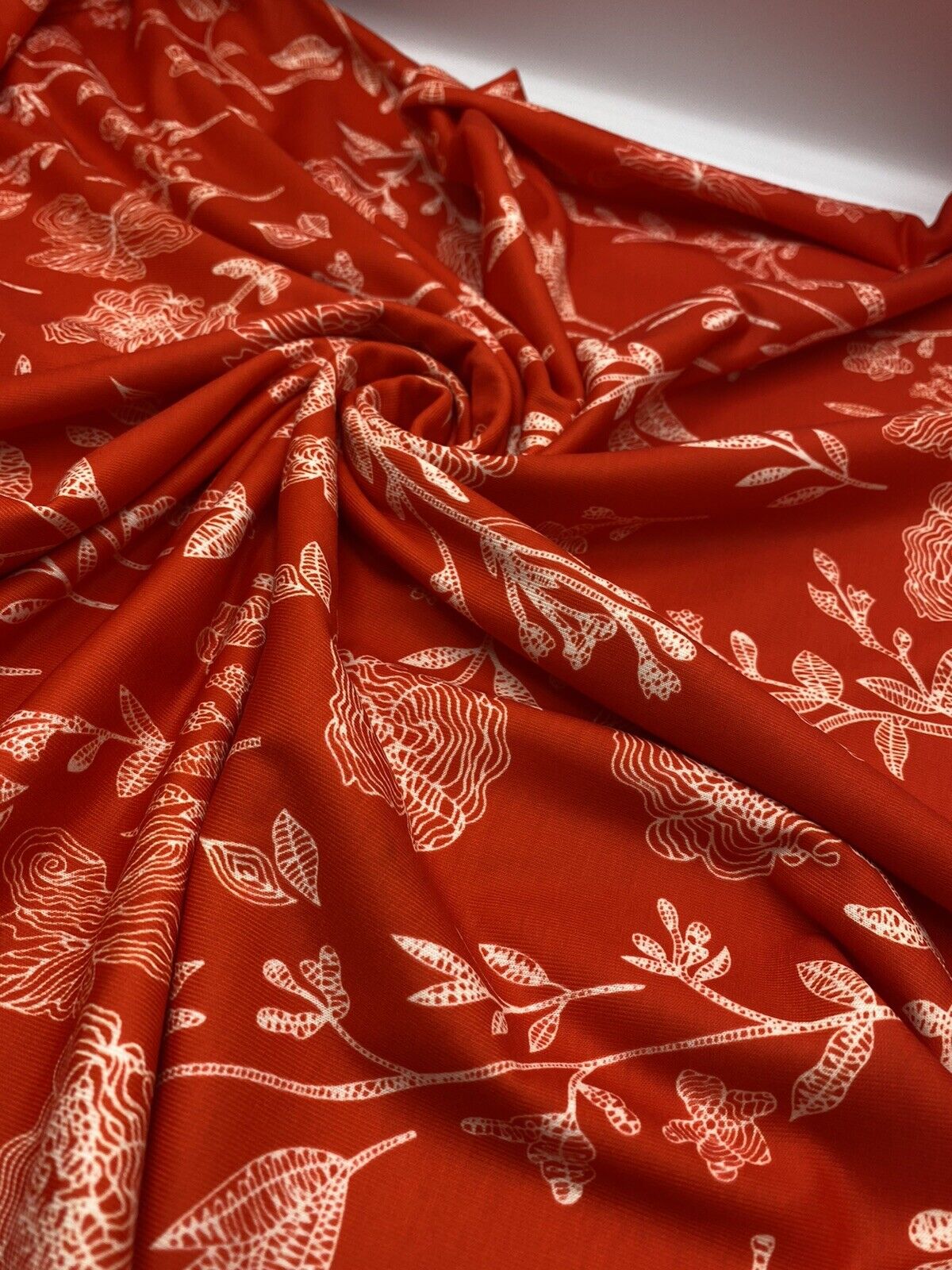 Red & White Sketch Floral Print Spun Poly Stretch Fabric