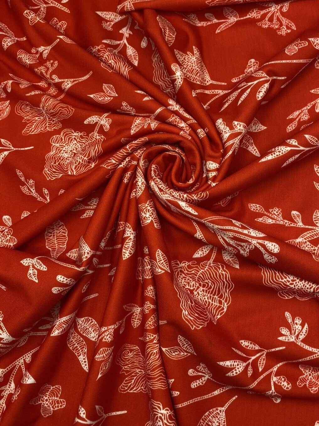 Red & White Sketch Floral Print Spun Poly Stretch Fabric