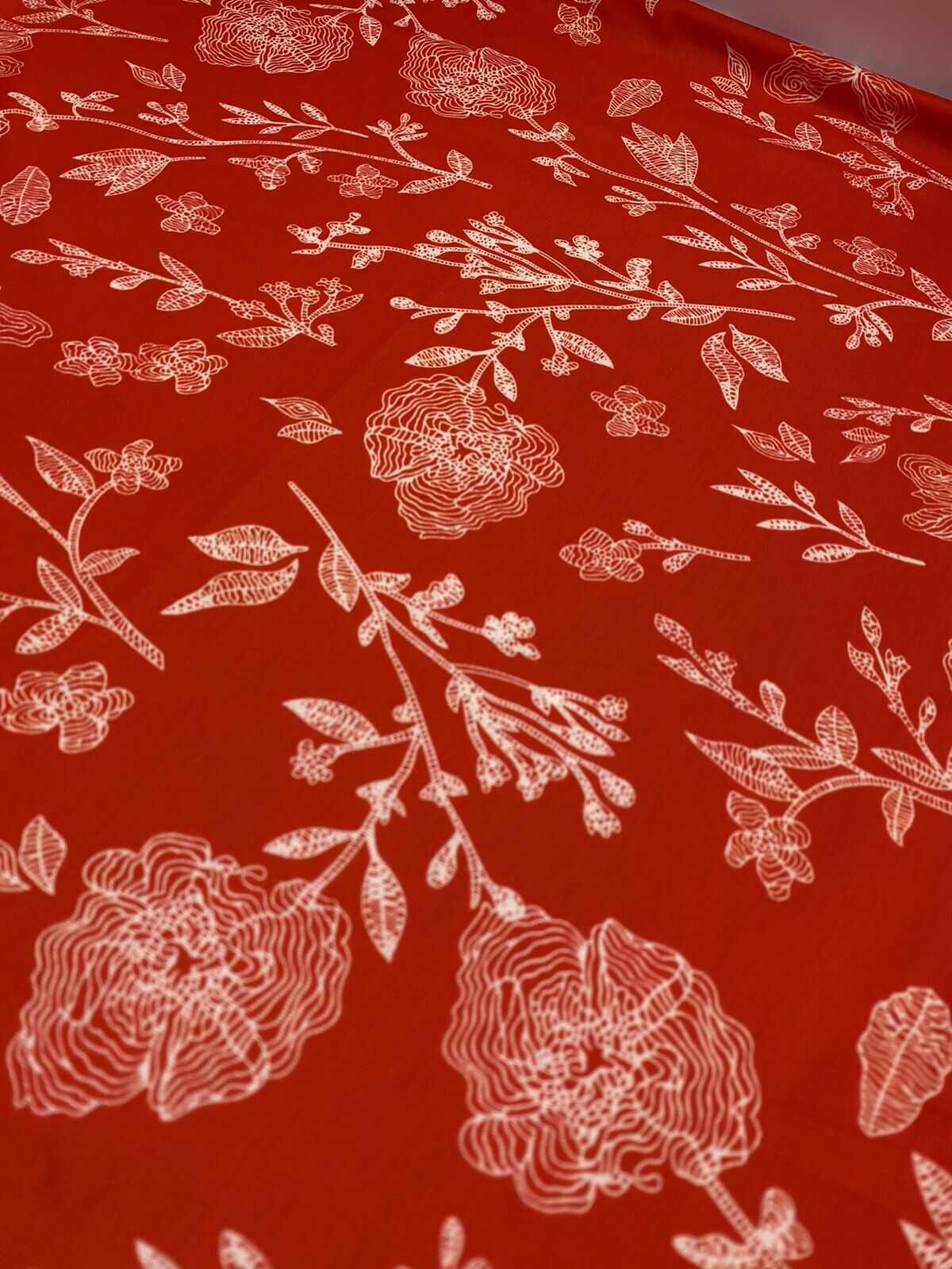 Red & White Sketch Floral Print Spun Poly Stretch Fabric