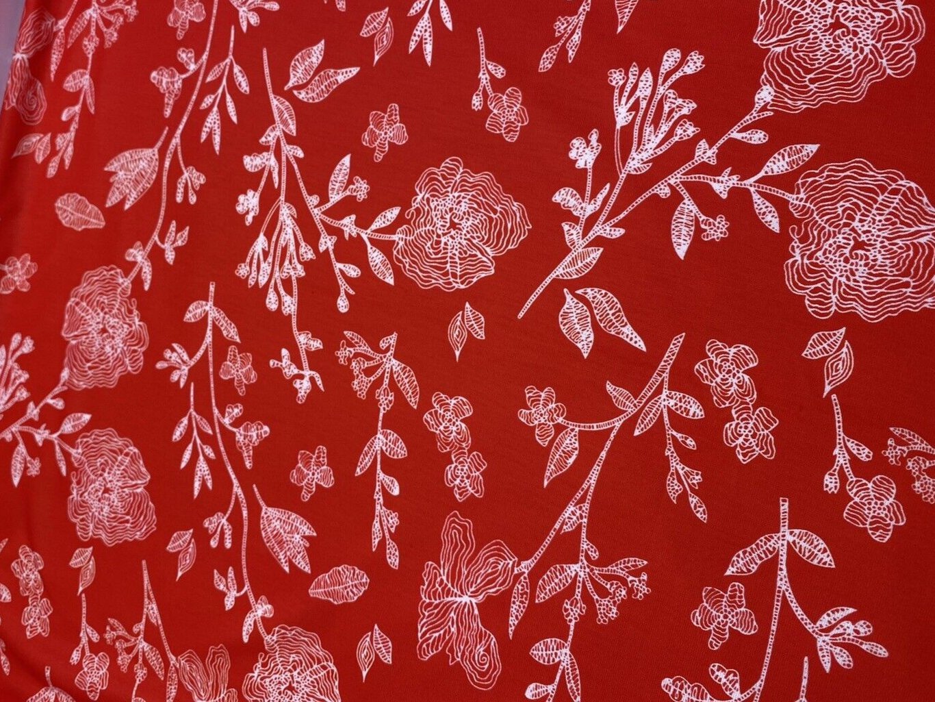 Red & White Sketch Floral Print Spun Poly Stretch Fabric