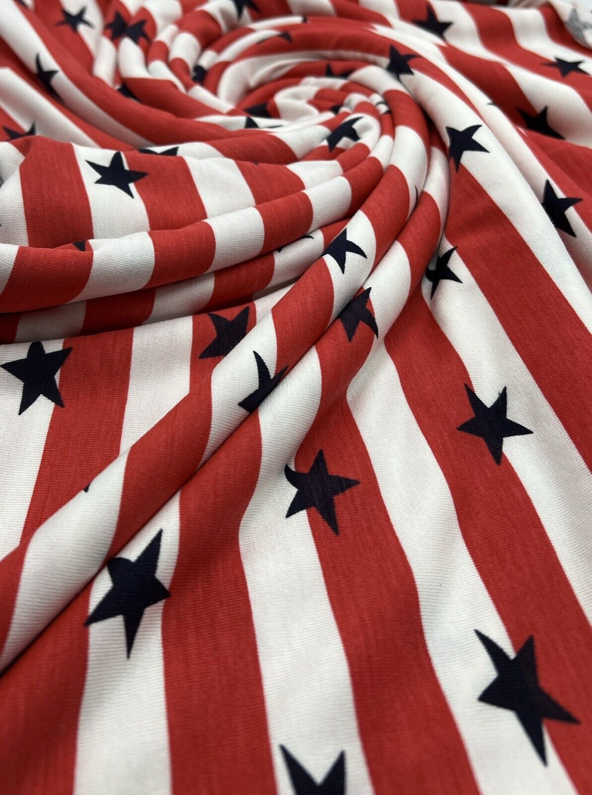 Red & White Star Horizontal Stripe Print Viscose Elastane Fabric