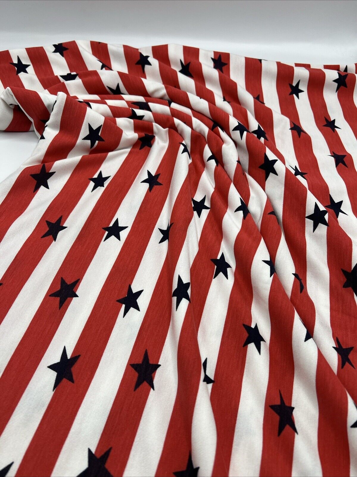 Red & White Star Horizontal Stripe Print Viscose Elastane Fabric